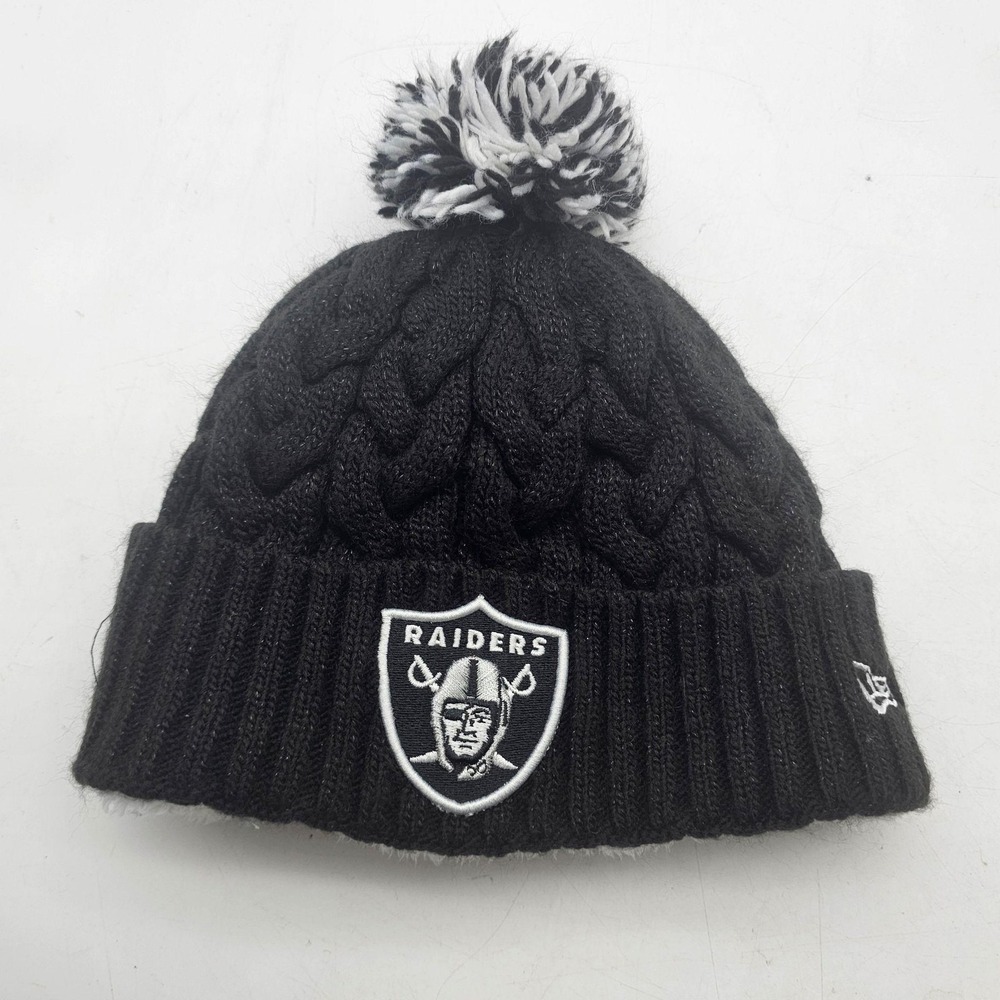Raiders Hat Beanie Womens One Size Black NFL Football Pom Fleece New Era
